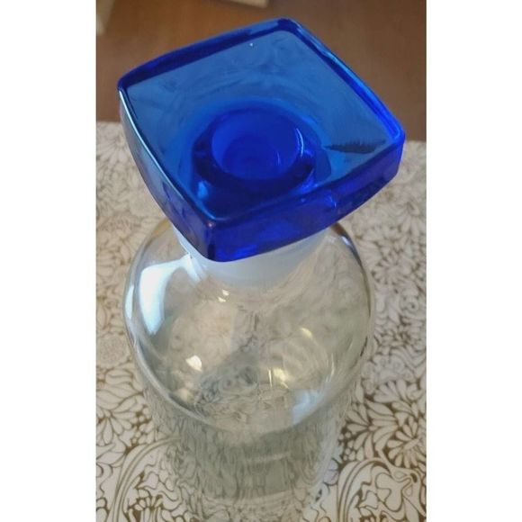 Vintage Apothecary Glass DecanterS (2) 10" Blown Bottles, Cobalt Blue Stoppers - Picture 3 of 9